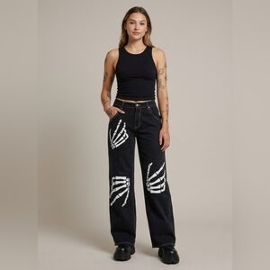 UNIDRONE Skeleton Graphic Black High Rise Wide Leg Baggy Carpenter Pant - Size M